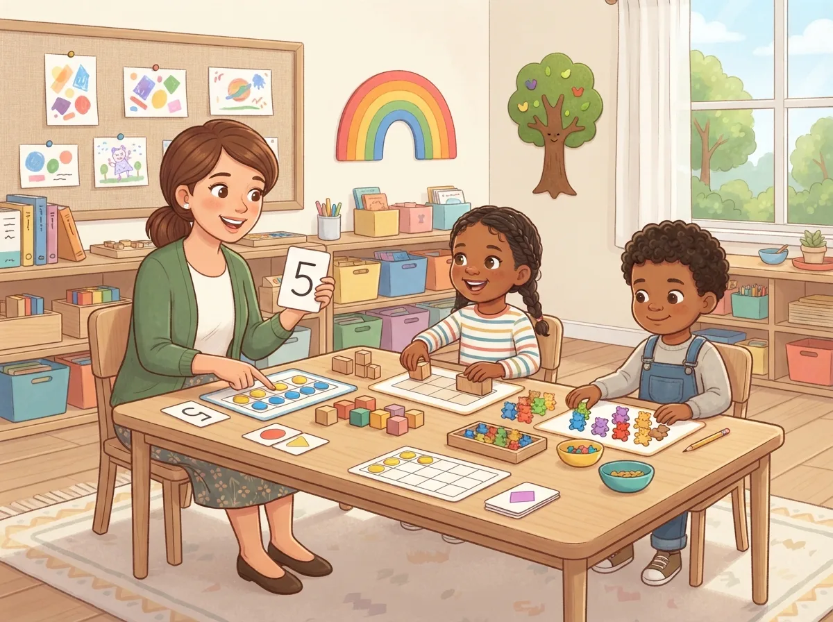 A teacher and two young learners building quantities with colorful counters and ten frames