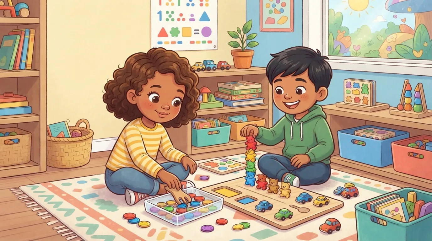 Small coins and miniature toys used for counting activities in a compact space