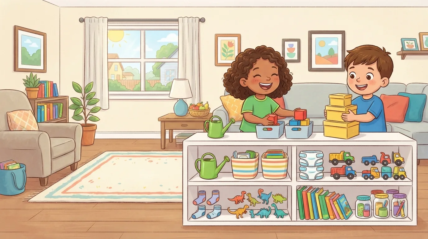 A small apartment with organized shelves and household items